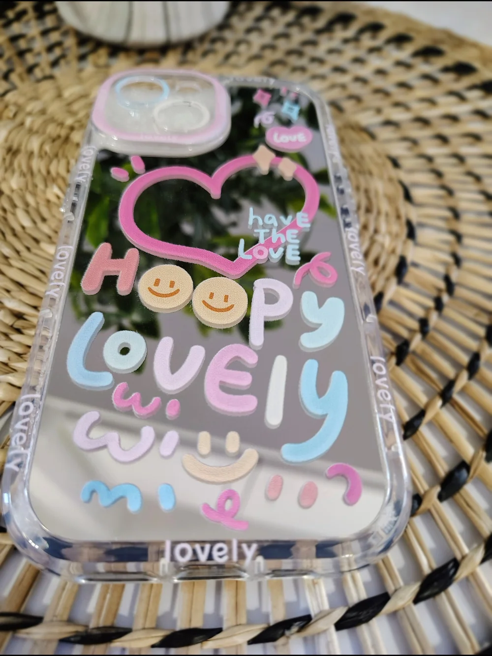 Clear Cute Heart & 'Lovely' Mirror IPhone 15 Case - Pink Accent